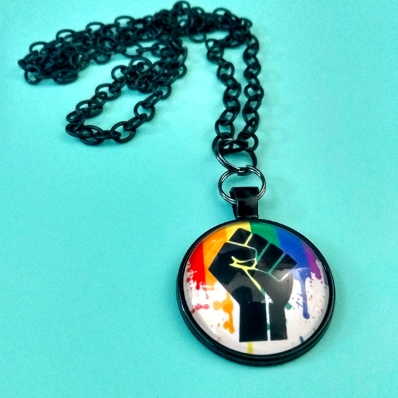 Handmade Rainbow Revolution Fist Necklace on 24" Black Chain - Picture 1 of 5
